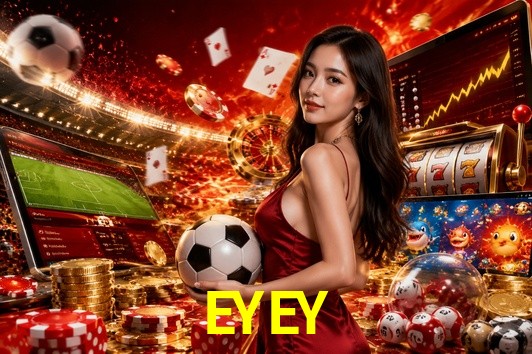 Una escena digital vívida inspirada en casino con EYEY mostrado prominentemente, luces brillantes, fichas, cartas y acentos dorados.
