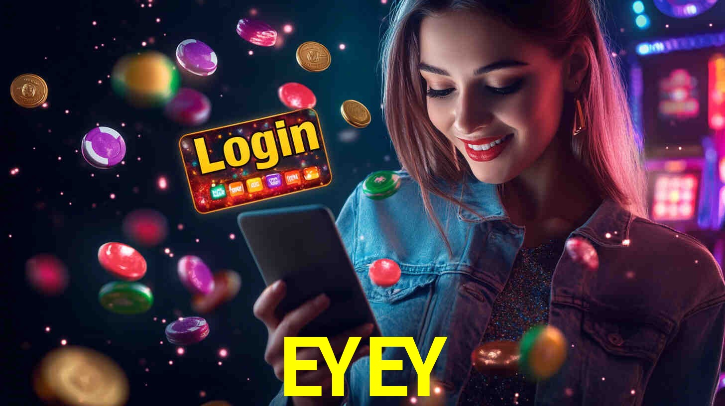 Escena dinámica inspirada en casino con iluminación EYEY, cartas, fichas e íconos de juegos digitales en un espacio moderno de juegos.
